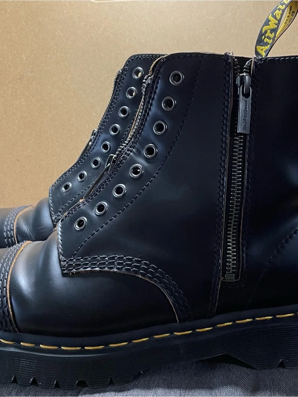 Dr. Martens Black Leather Zip-Up Combat Boots with Yellow Stitch